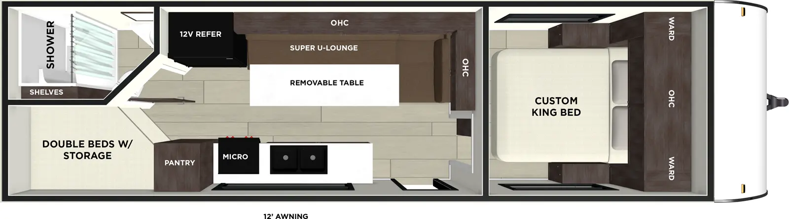 The Evo 266BHLE floorplan has one entry and zero slide outs. Exterior features include: metal exterior and 12' awning. Interiors features include: bunk beds and front bedroom.